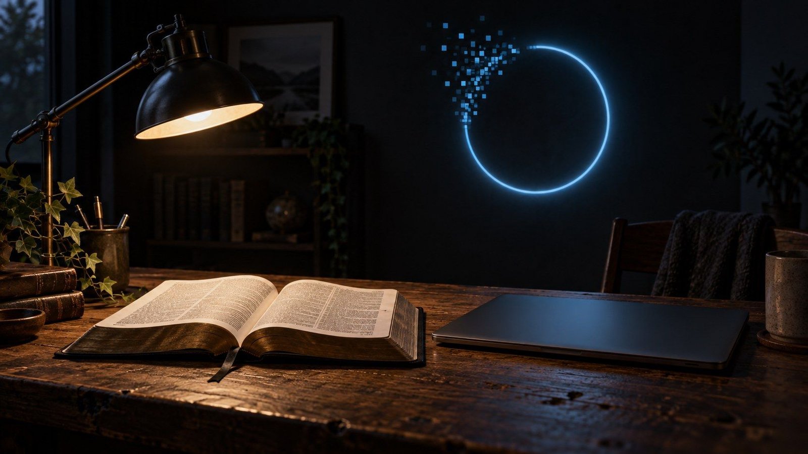 A dark study lit by one desk lamp. An open Bible and a closed laptop lie side by side on a worn wooden table, and a thin sky-blue ring glows on the wall behind them, breaking into small square pixels at its upper left.