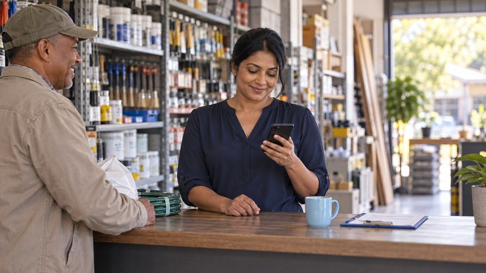 A shop owner behind the counter of her Pretoria hardware store smiles at her phone while a customer waits happily with his purchase, a coiled garden hose on the counter.